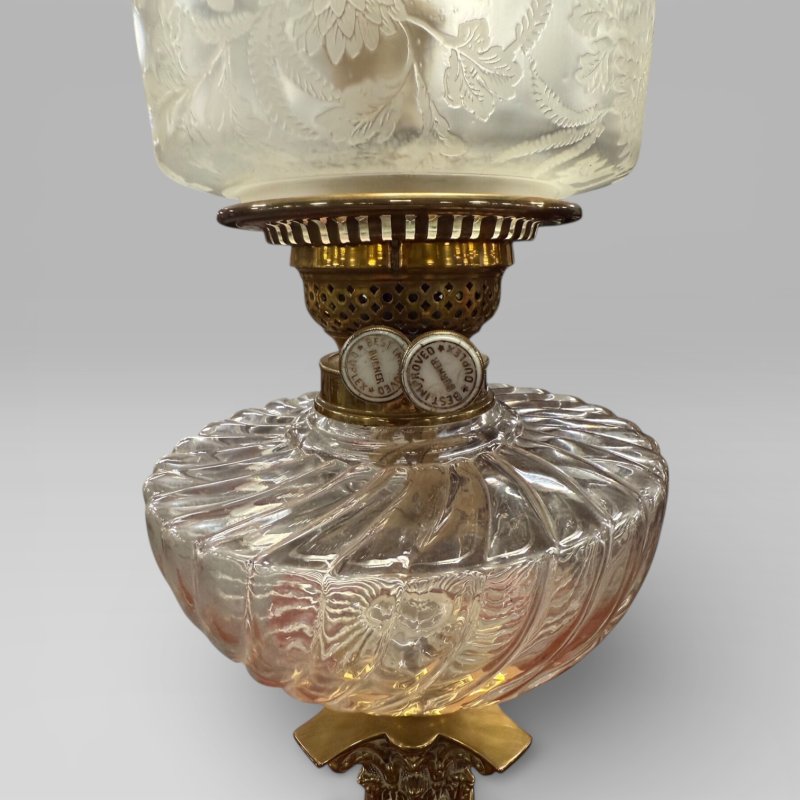 Antique Victorian Duplex Etched Glass Tulip Shade Oil Lamp With Brass Column - Image 9